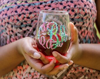 Monogram Wine Glass Monogrammed Wine Glass Monogram Wine Glasses Lilly Monogram Wine Glass Glitter Monogram Wine Glass