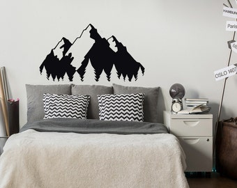 Mountain Landscape Wall Decal- Forest Wall Decal- Nature Wall Decal- Travel Decor- Pine Tree Wall Decal Mountain Nursery Bedroom Decor #129