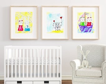 SET OF 3 Nursery Decor Whimsical Animal Art Prints, Little bunny rabbit nursery print, Whimsical nursery bunny print, Playroom prints