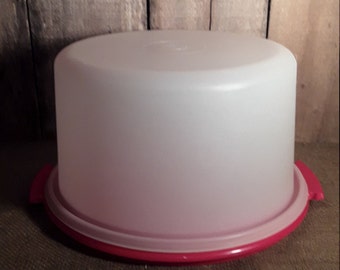 Vintage Tupperware Cake Carrier - Cake Keeper - Cake Container - Sheer White - Red Base #684-7