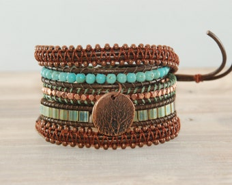 Rich copper, green and turquoise 5 wrap leather bracelet, macrame bracelet, leather wrap bracelet