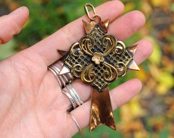 vintage large copper cross pendant, copper brass fancy ornate necklace pendant