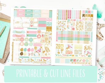 50% Sale Digital Planner Stickers, Printable Stickers, Flamingo Stickers, Weekly Stickers, Silhouette Cut File, Gold Pink Scrapbook Stickers