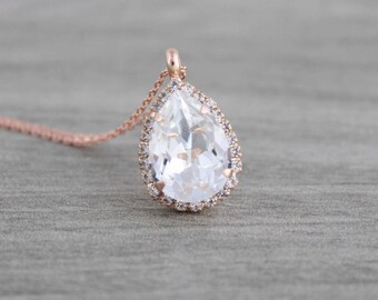 Rose gold Bridal necklace, Wedding jewelry, Wedding necklace, Swarovski necklace, Teardrop necklace, Bridesmaid necklace, Simple necklace