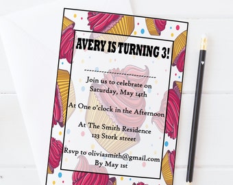 Cupake cake Kids / Children Birthday Party Invitation customisable, matte or glossy, Professionally Printed Invitation