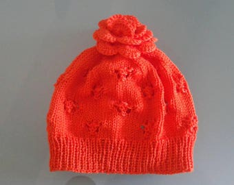 Cappellino arancione per bambina 1-2 anni con fiore-ponpom, idea regalo