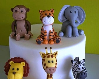 Fondant safari animals cake topper, elephant topper, giraffe topper, zebra topper, lion topper, tiger topper, monkey topper, fondant set