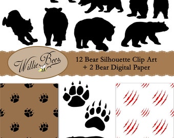 Bear Silhouette Clip Art - PNG - 12x12 Digital Paper - JPG Paper Files - Grizzly Bears - Black Bears - Bear Paw - Instant Download