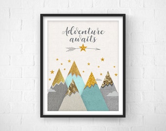 Adventure Awaits, Nursery Decor, Nursery Art, Nursery Mint Decor, Baby Gift, Nursery Mint Prints, Mountains, Neutral Wall Art, New Baby Gift