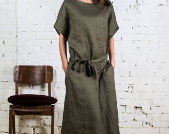 Olive green linen dress,loose linen dress,linen dress with belt,maxi linen dress,summer linen dress,linen dress long/LD0023