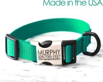 GREEN Dog Collar -- Personalized Dog Collars Laser Engraved with your dog's NAME & NUMBER