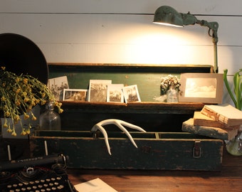 Vintage carpenter's box / Wood carpenter's box / Green wood tool box
