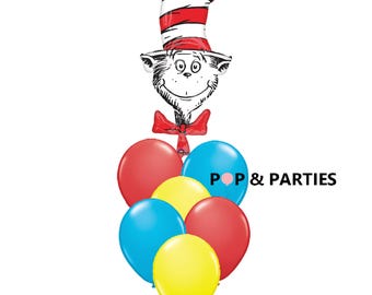 SHIPS FAST - Cat in the Hat Balloon Bouquet, Seuss Party Decorations, Cat in the Hat Birthday Party, Turquoise, Red and Yellow Balloons
