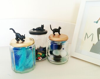 Black Cat Jar // Animal Jar // Handmade and Upcycled Jar // Home decor // Glass storage // Copper jar // Bronze jar // Gold jar // Black jar