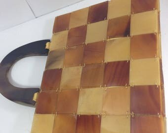 Mid-70s- Abalone Shell- Checkerboard Design-Handbag-Purse-Faux Tortoiseshell Handles