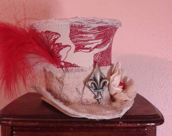 Mad Hatter Tea Party Hat/Alice in Wonderland Hat/Mad Hatter Costume/French Country Toile Hat Decoration/Red Toile Dishes/French Toile