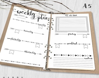 Printable Weekly Planner, A5 Weekly Planner, Printable Inserts, A5 Organizer Notebook Weekly planner inserts, PDF file