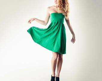 Cotton dress, Strapless dress, Short skirt, jersey skirt, fold over skirt, boho skirt, Bell skirt, Jersey clothing, green dress, Skit dress