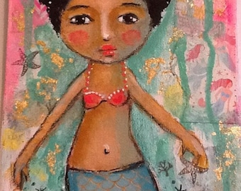 Mermaid painting, folk art, African american girl, Mixed media, whimsical art, Children's art, home decor, mermaid