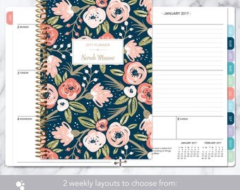 2017 planner calendar choose start month | add monthly tabs weekly student planner personalized agenda daytimer | navy pink gold floral