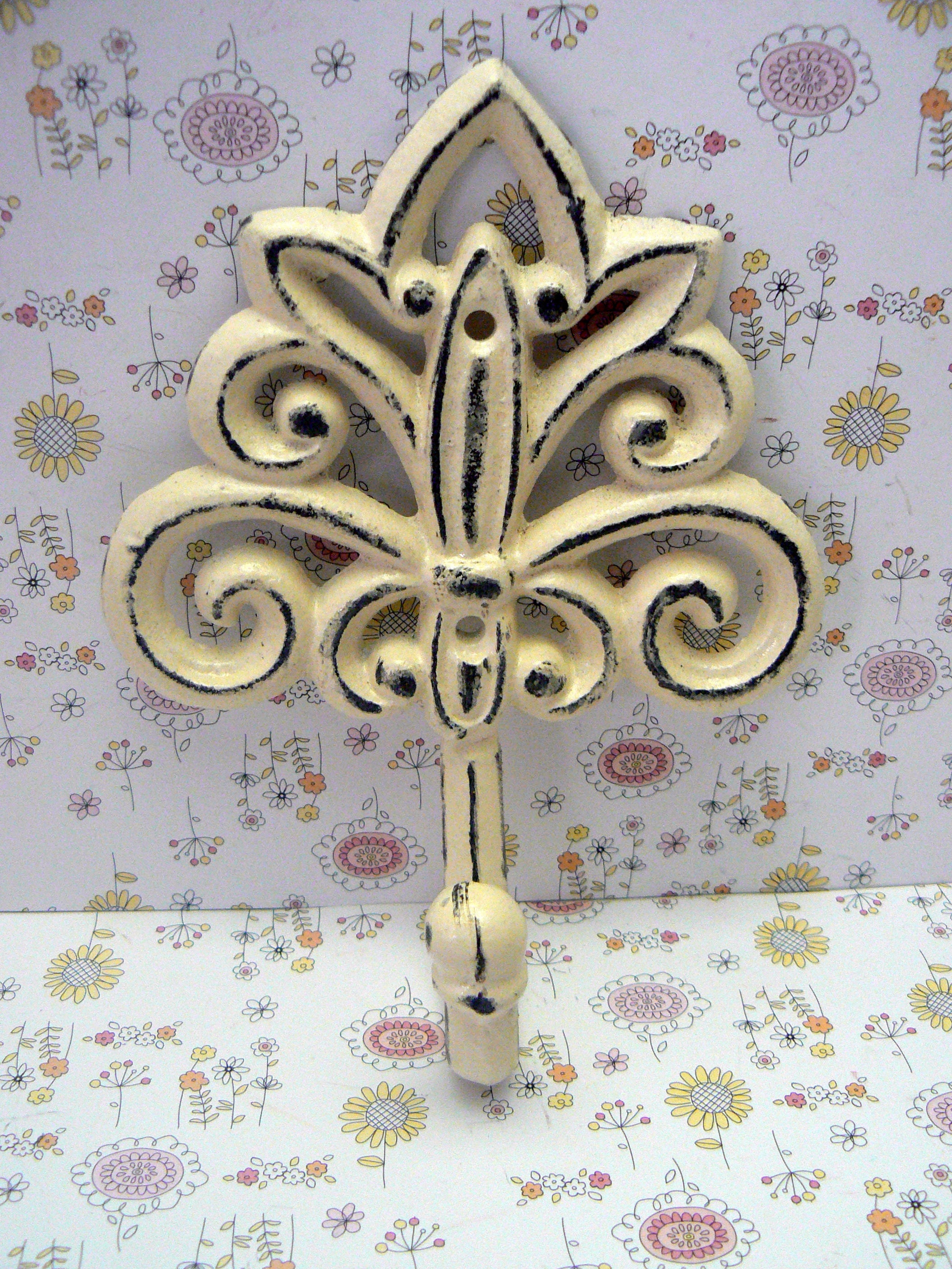 Fleur de lis Cast Iron FDL Shabby Chic Off White Wall Hook ...