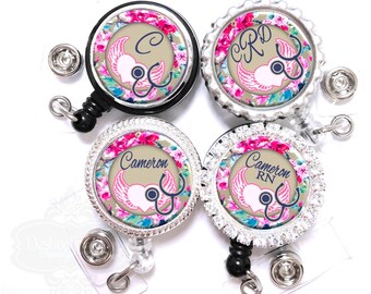 Nurse Badge Reel - Pink Floral Winged Heart Retractable Lanyard ID Holder Personalized with Name, Initial, Monogram, Occupation Title (A423)