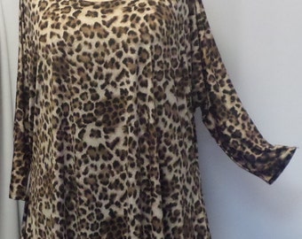 Plus Size Top, Coco and Juan, Lagenlook, Plus Size Tunic, Brown Leopard Print, Knit Drape Side, Tunic Top, One Size, Bust to 60 inches