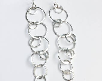 Silver Circles Earrings - Statement Earrings - Extra Long Earrings - Sterling Silver Long Dangle Earrings - Statement Jewelry