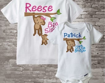 Big Sister Little Brother Shirt set of 2, Sibling Shirt, Personalized T-shirt or Onesie with Cute Monkeys - Price is for both - 12242013a