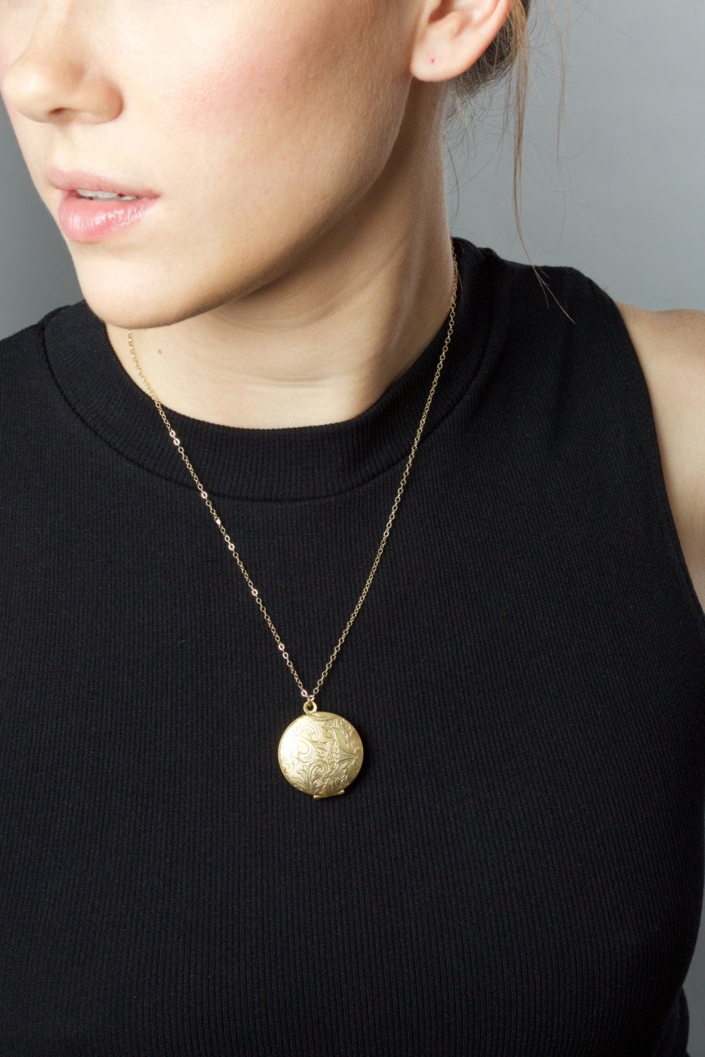 Locket Charm Necklace 14kt Long Gold Necklace Chain Gold