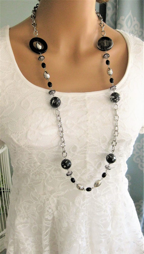 Long Black Beaded Necklaces Silver Jewelry Silver Necklace