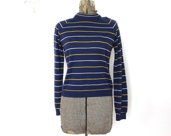 60s Knit Sweater / 1960s Navy Blue Striped Sweater