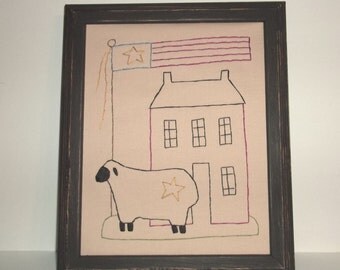 UNFRAMED Primitive Saltbox Americana Stitchery Picture Stitched 8x10" Embroidery Sheep Flag Patriotic Country Home House Decor wvluckygirl