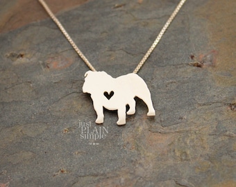 English Bulldog necklace, tiny sterling silver hand cut pendant with heart, tiny dog breed jewelry