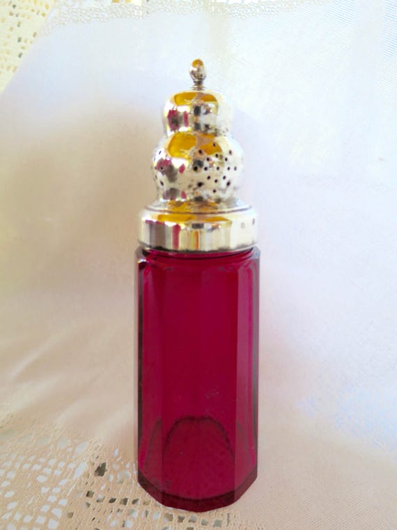 Antique Cranberry Glass Sugar Shaker Victorian Era Powdered