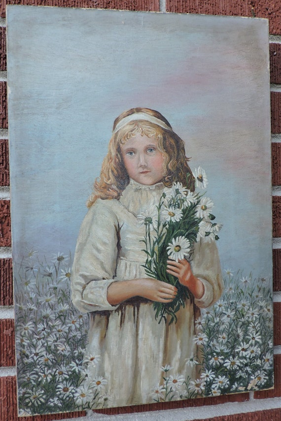 Antique Romantic VICTORIAN Girl in White DAISY FLOWER Field Oil Painting c1800s  eBay