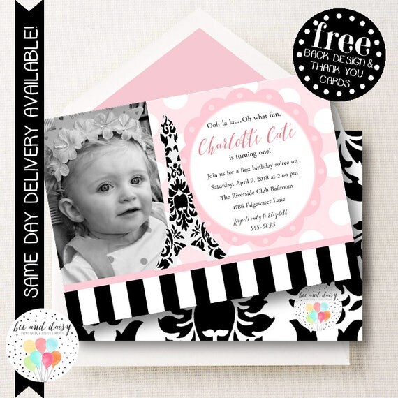 Paris Invitation, Paris Birthday Invitation, Paris Party, Girl First Birthday, Girl Birthday, Paris Invite, Paris Photo Invite, Eiffel Tower Il_570xn
