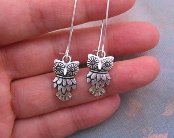 On Sale ! Owl Earrings - Antiqued Silver Owl Charm Earrings - Your Choice of Long Kidney Earwires or Hook Earwires, jingsbeadingworld