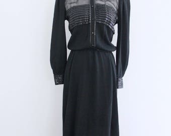 1980s St John Marie Gray Black Santana Knit Dress Chiffon Repair Piece Womens Vintage Medium