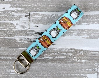Totoro Wristlet Key Fob - Blue Anime Keychain / My Neighbor Totoro Fabric / Ghibli Wristlet / Anime Cotton Key Fob / Geek Girl Gift