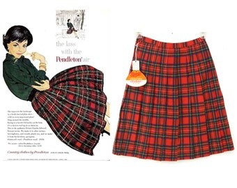 plaid skirt, Pendleton, tartan, red, blue, County Clothes, wool, small, 1960's, beautifully made, new old stock