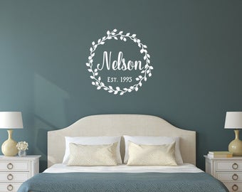 Last Name Decal, Wreath Decal, Established Date, Vinyl Wall Decal, Wedding Gift, Housewarming, Wedding Decorations, Vine Wreath Decal 22601