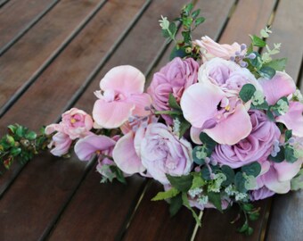 Teardrop, cascade bridal bouquet, wedding flowers, artificial wedding bouquet. Garden roses and orchids. Pink, mauve, musk flowers.