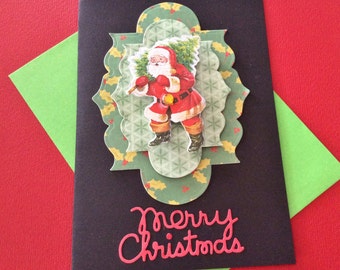 3-D Christmas Card, 5" x 7", Black Cardstock, Santa Carrying a Tree, Green, Merry Christmas, Gem, Old Fashioned Stocking, Handmade