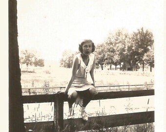 Vintage Snapshot "Somewhere On Road" Woman Sitting On Fence Handwritten Caption Found Vernacular Photo
