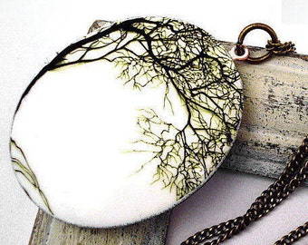 BENDING WILLOW - large vintage bronze locket with bending tree and long necklace.