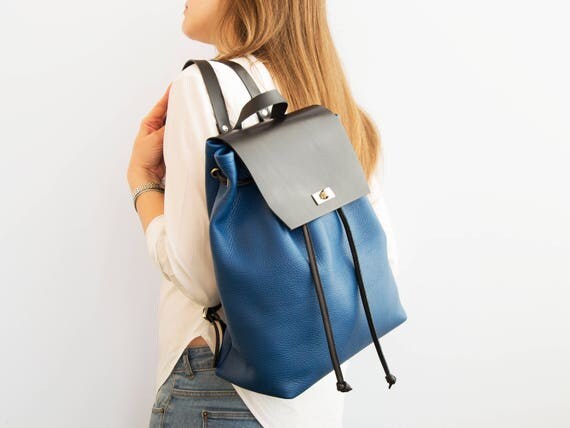 Blue and black BACKPACK / leather backpack / leather rucksack / womens backpack / minimal backpack / made in Italy