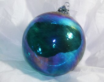 Hand Blown Glass Christmas Ornaments - Iridescent Teal Green Swirl