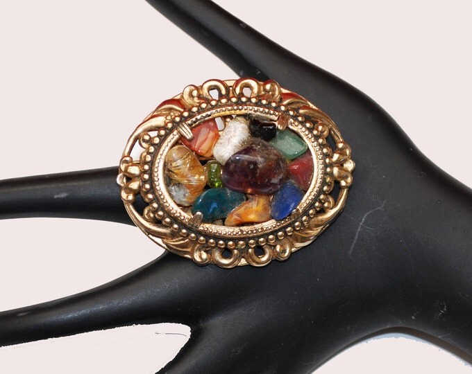 Gemstone Brooch - Gold oval Pin - Multi colored Polished stones -