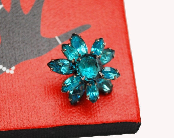 Aqua Blue Flower Brooch - Rhinestone Floral - Mid Century small pin jewelry